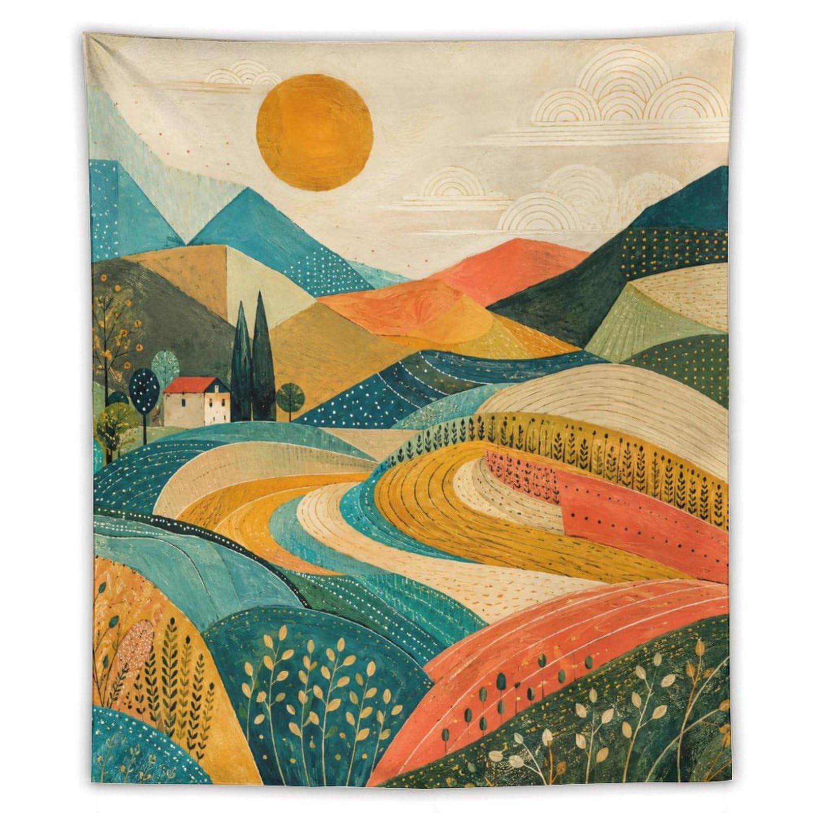 W7C8U2X3 Colorful Rolling Fields Wall Tapestry, Geometric Art, Dorm Room