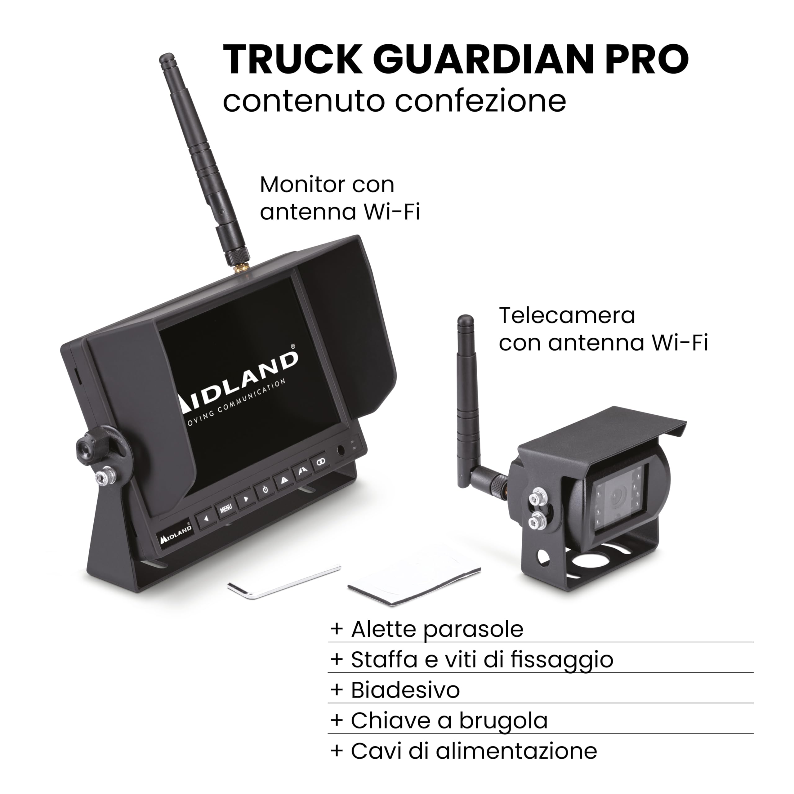 Midland - Dash Cam Camion Truck Guardian PRO, Retrocamera Camion per Manovra e Sorveglianza - Telecamera Senza Fili Retromarcia FullHD, Visione Notturna, 4 Telecamere, Registrazione SD