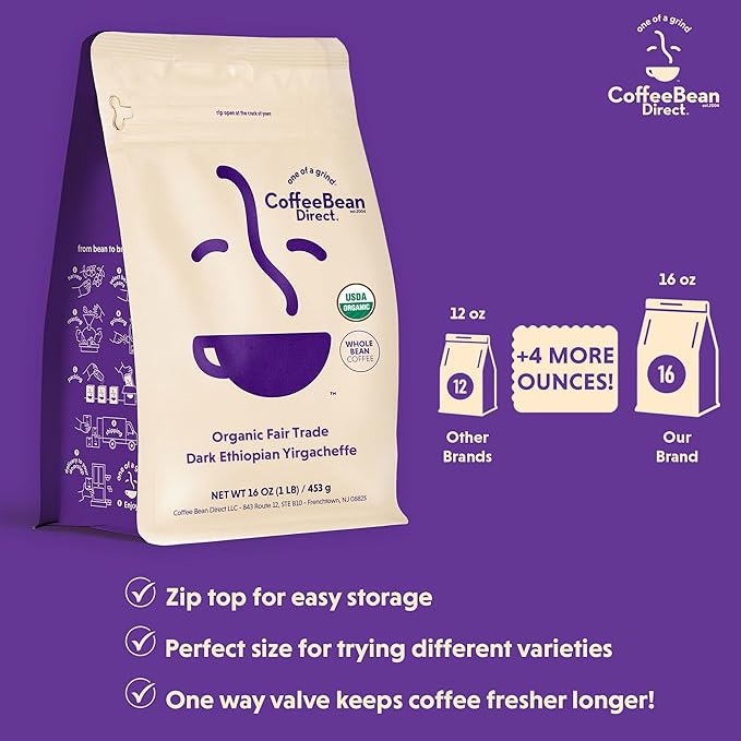 Café Orgánico Fair Trade Etiope Yirgacheffe, Grano Entero, Tostado Oscuro, 453 g miniatura 3