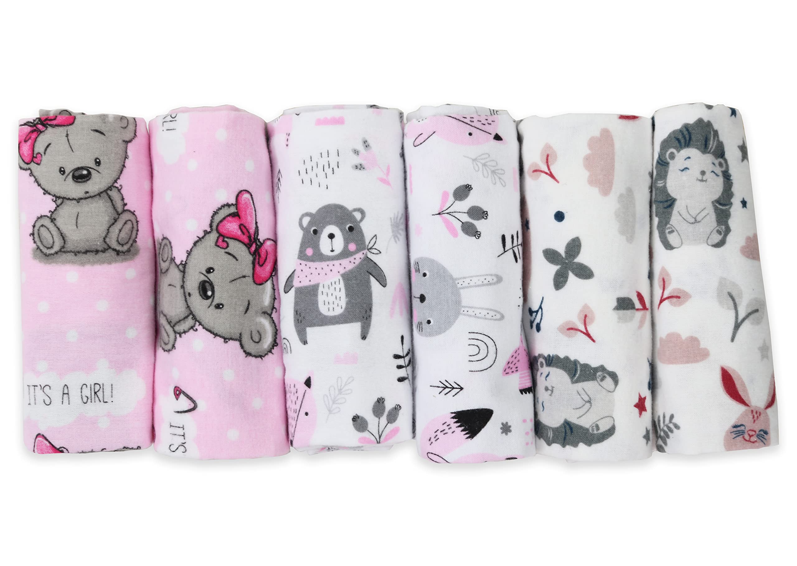 FENSILO Moltontücher, 6er Pack-Flanellwindeln aus 100% Baumwolle-80x80cm,Moltonwindel Spucktücher Baby, Spucktuch Flanell Moltontuch Unisex Jungen oder Mädchen Teddybär it’s a Girl Igel