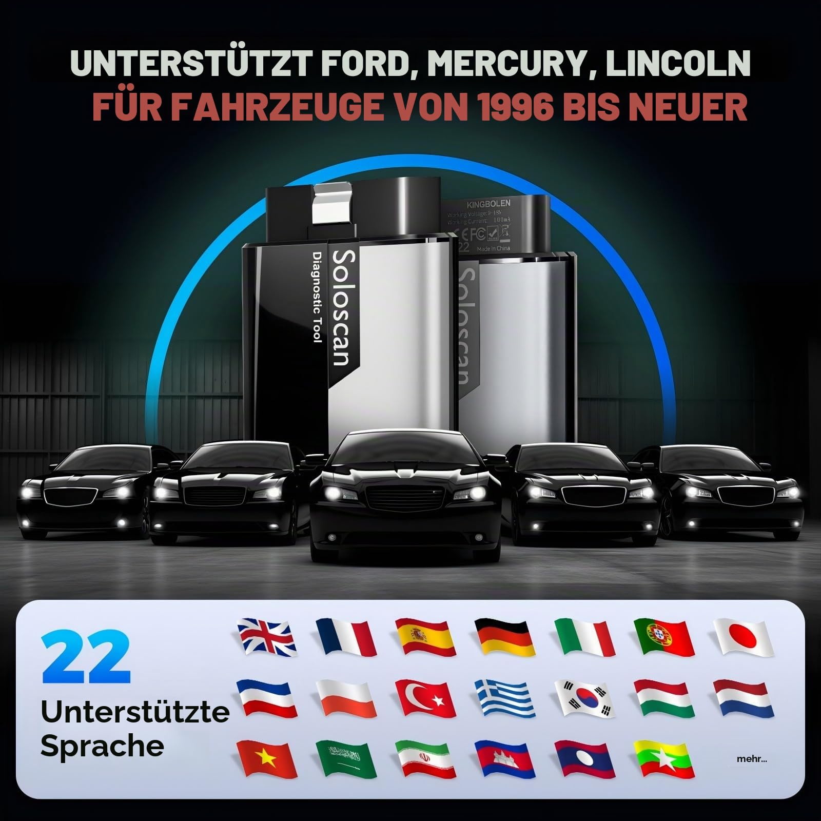 KINGBOLEN Soloscan OBD2 Diagnosegerät für Ford/für Mazda, Alles System Kfz Diagnosegerät für iPhone & Android, 50+ Reset-Funktion,Bi-direktionale,Aktiver Test,Lebenslanges kostenloses Update.