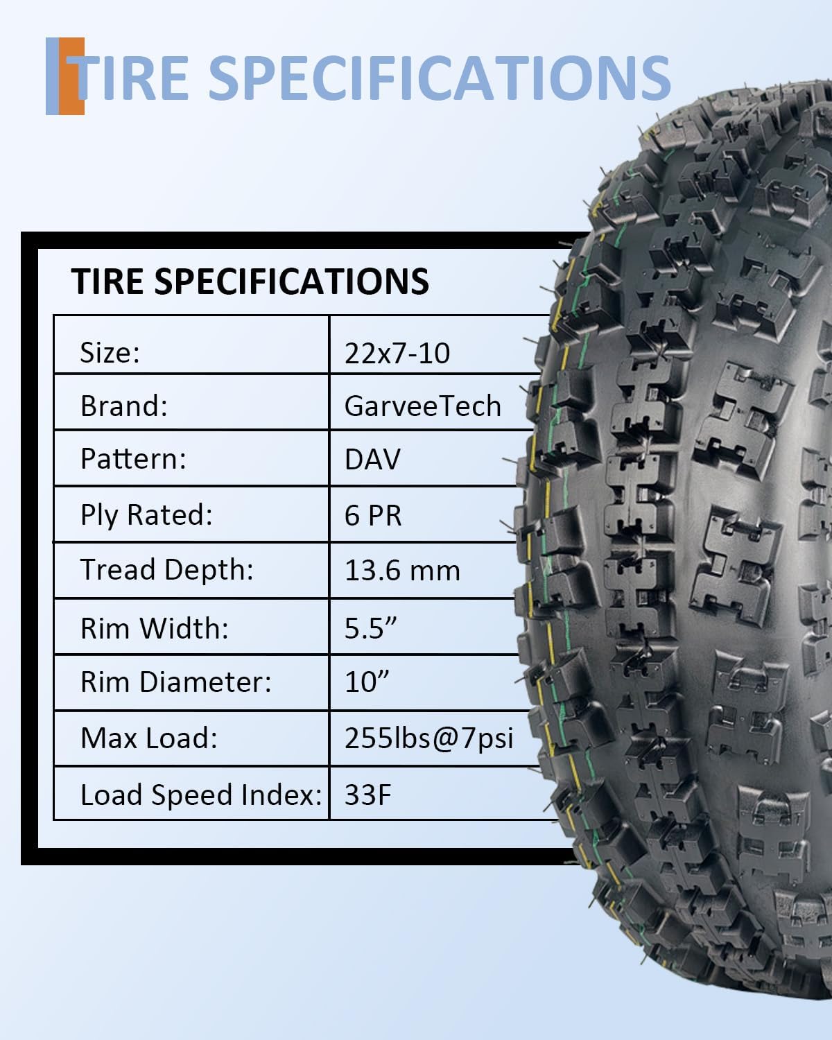 GarveeTech 22X7-10 ATV Tires, Sport Front UTV Tires 22X7x10, 6 PR, Tubeless, Quad ATV Tire for UTV, Side By Side, Off-Road Adventures, Snow and Trail Riding (Set of 2)
