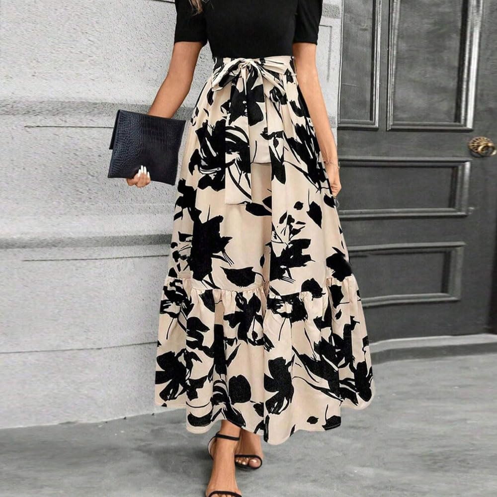 Vestito Donna Stampa Floreale Maniche Corte Scollo Rotondo Abiti Elegante Orlo a Volant Estivo Vestiti da Cocktail Party