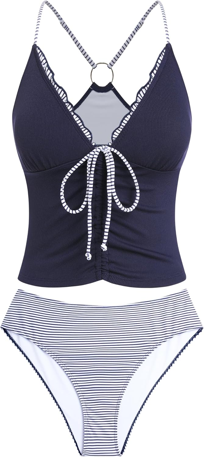 ZAFUL Womens Ruched Tankini Swimsuits Sexy Tummy Control 2 Piece Bathing Suits V Neck Drawstring Swimwear
