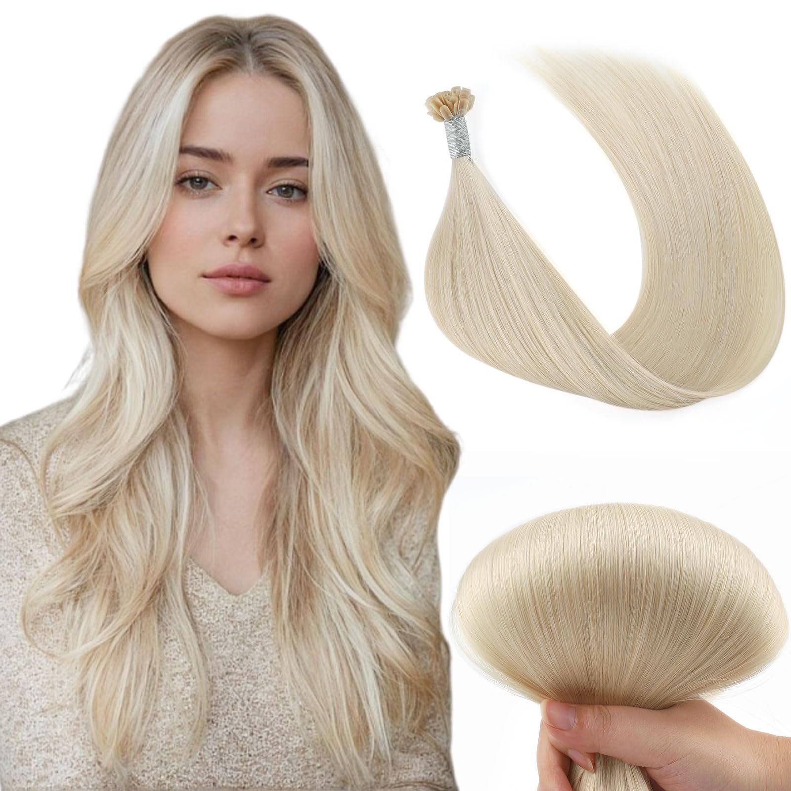 Yuniffe U Tip Real Human Hair Extensions - Hot Fusion Remy Straight Hair - Platinum Blonde, 24 inch, 50g/50s