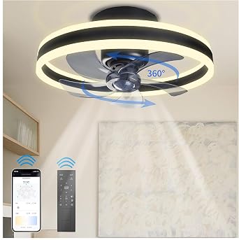 360 Oscillating Low Profile Ceiling Fan with Light, 20" Rotating Modern Flush Mount Ceiling Fan with Lights,LED 3000K-6500K Dimmable Quiet 6 Wind Speeds for Bedroom, Kitchen