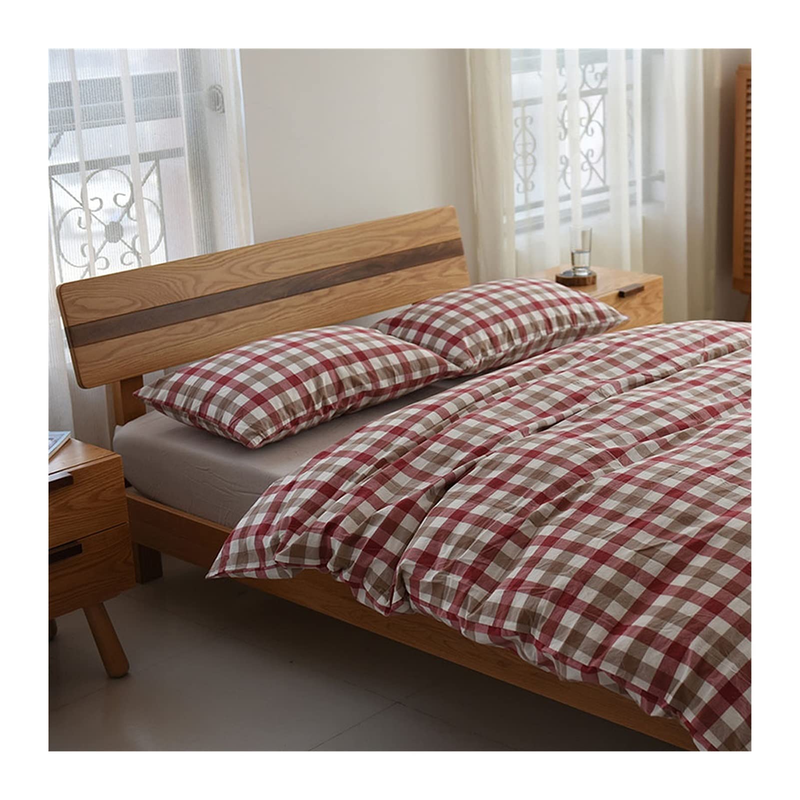 Parure de lit 100% coton lavé rouge avec drap housse et taies d'oreiller