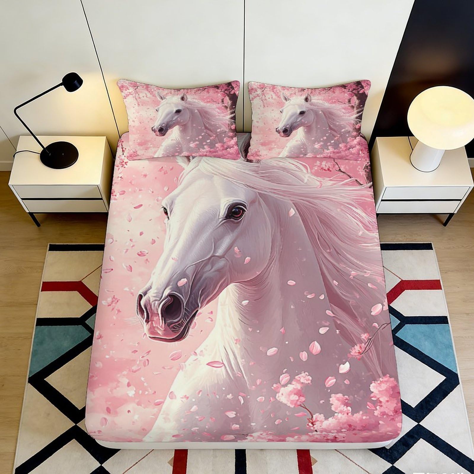 3D Printed White Horse Fitted Sheet Microfiber Deep Pocket Bedding White Horse Mattress Fitted Cover Non-Slip Washable 90x200x25cm