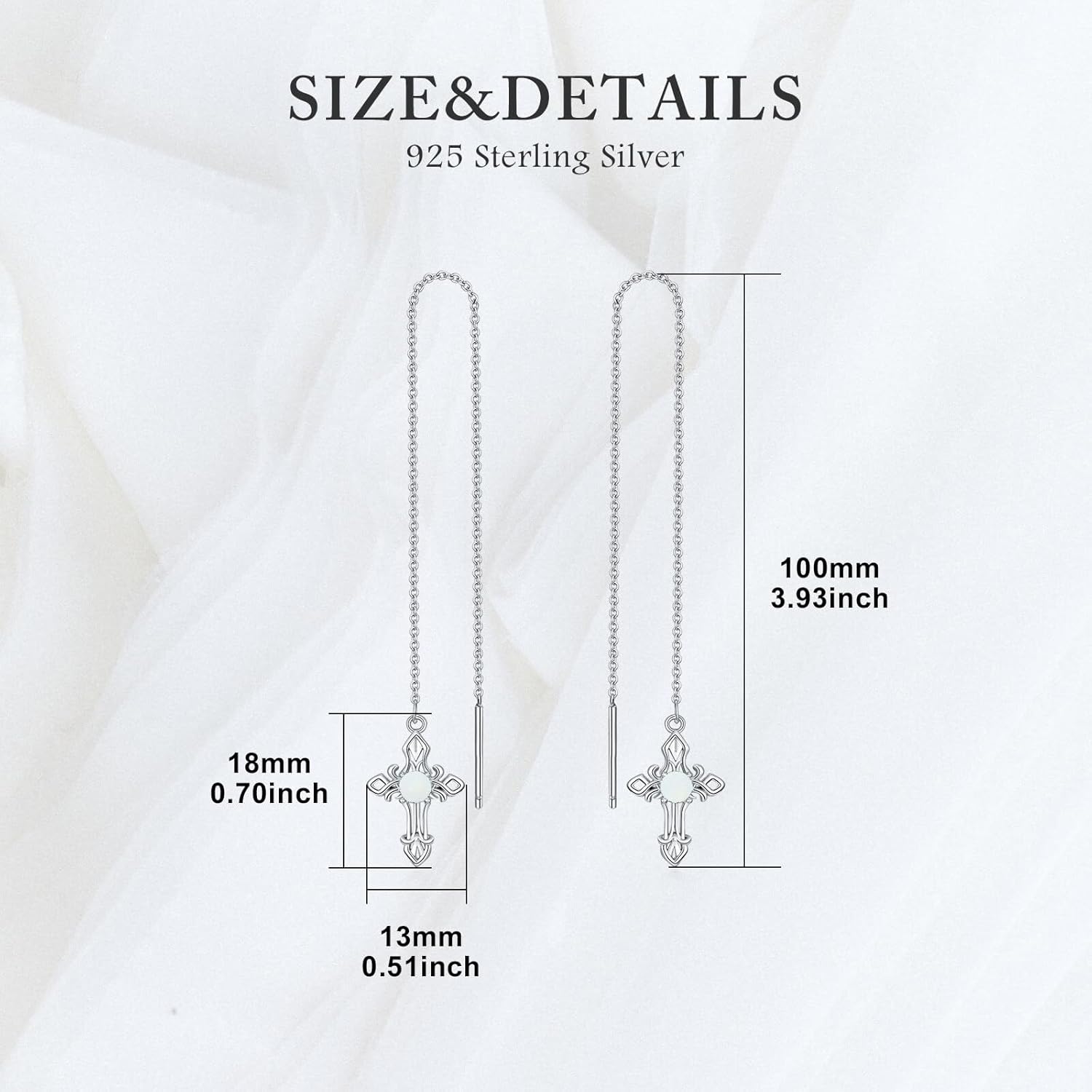 Cross Birthstone Threader Earrings 925 Sterling Silver Gemstone with Cross Christian Long Chain Ear Line Jewelry for Women Gifts