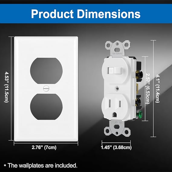 BESTTEN 2 Pack Combination Toggle Light Switch and Duplex Receptacle Outlet | Single Pole Toggle Wall Switch, Grounded Outlet, Combo Style, 15 Amp, Wallplate Included, UL Listed, White