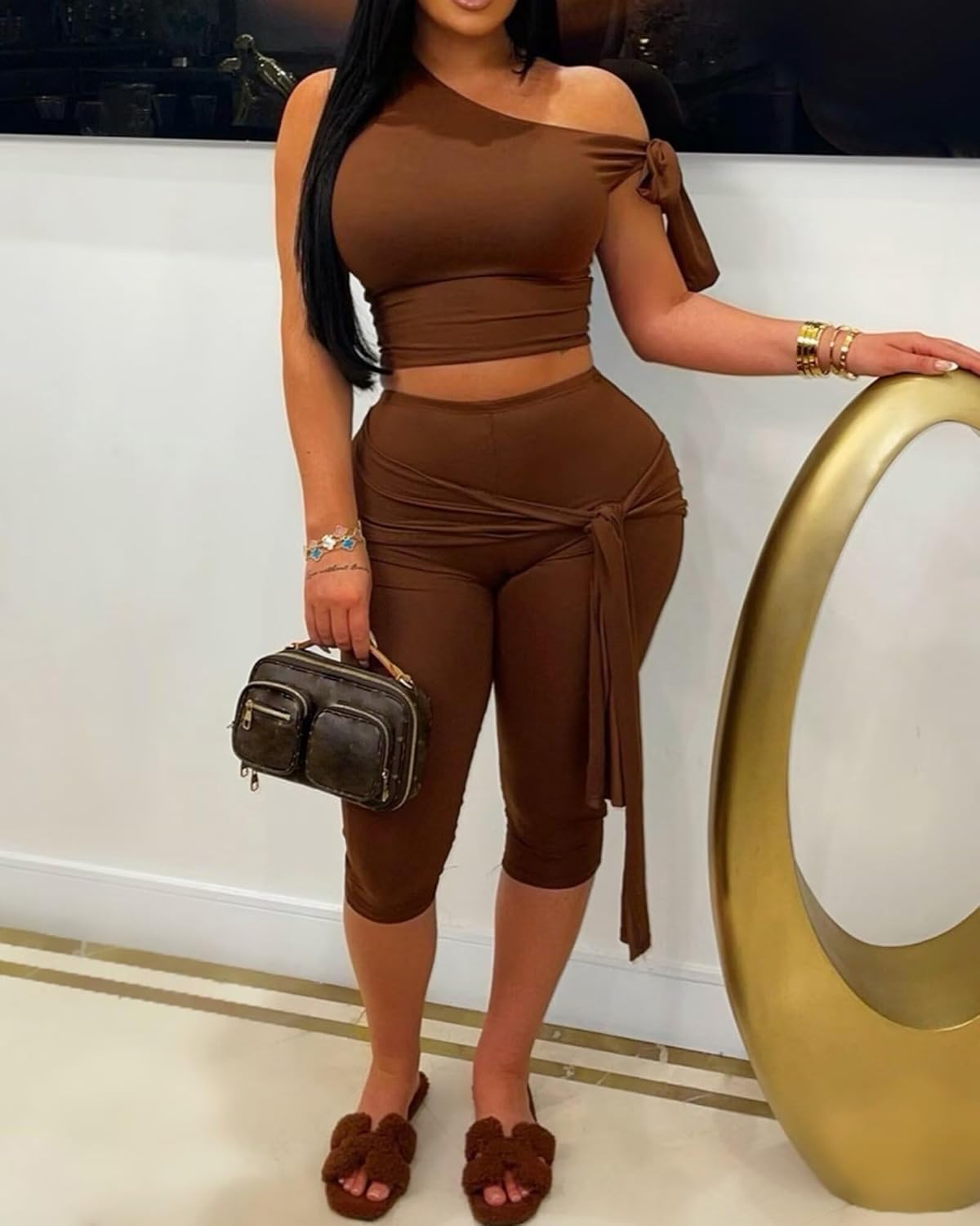 CXXQ Sexy 2 Piece Outfits Off Shoulder Self Tie Crop Tops and Capri Legging Set Tracksuits Clubwear - Image 4