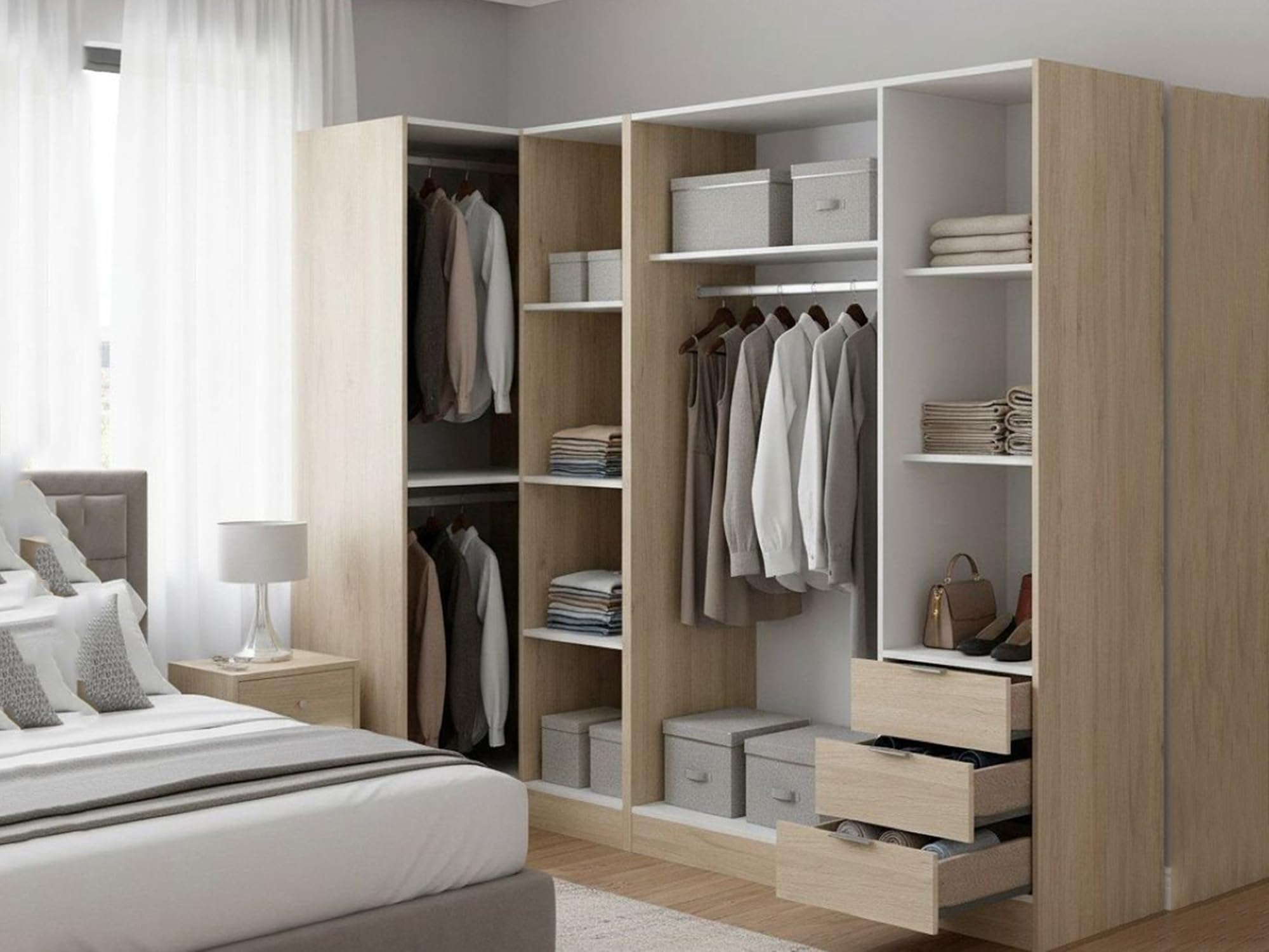 Dmora - Großer Kleiderschrank Succiso, Eckschrank für Schlafzimmer, Eckschrank mit 5 Flügeltüren, 214 x 91 x 184 cm, Eiche