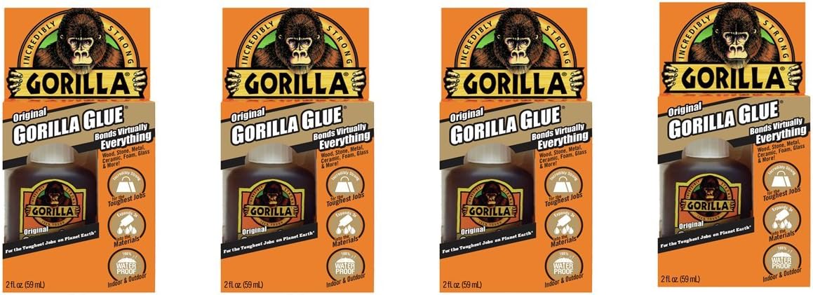 Gorilla Original Waterproof Polyurethane Glue, 2 ounce Bottle, Brown, (Pack of 4)