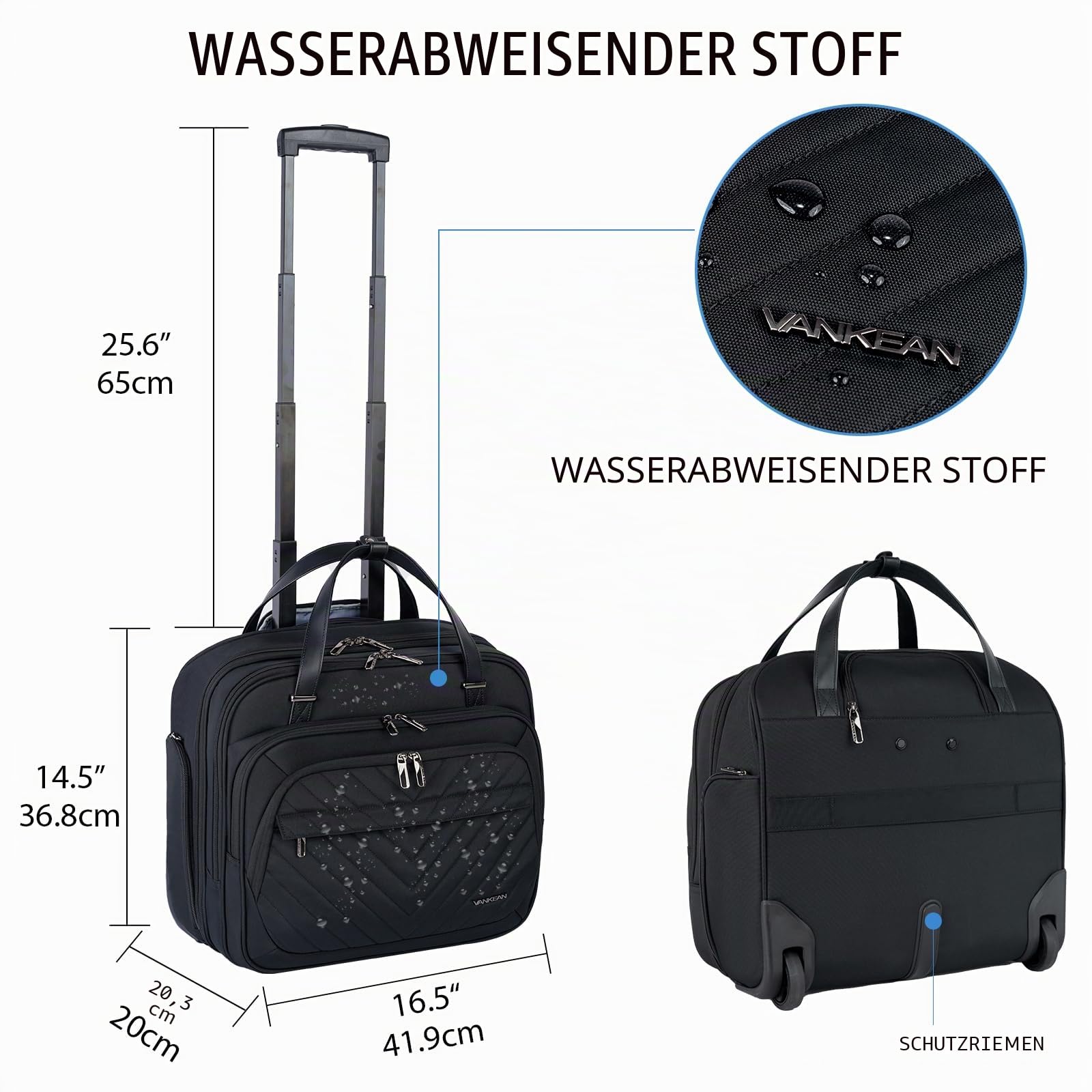 VANKEAN Rollende Laptoptasche Frauen mit Rädern, passend für bis zu 15,6 Zoll Rollende Aktentasche Wasserabweisend Rollende Computertasche mit RFID-Taschen für Reisen/Business/Schule,Schwarz
