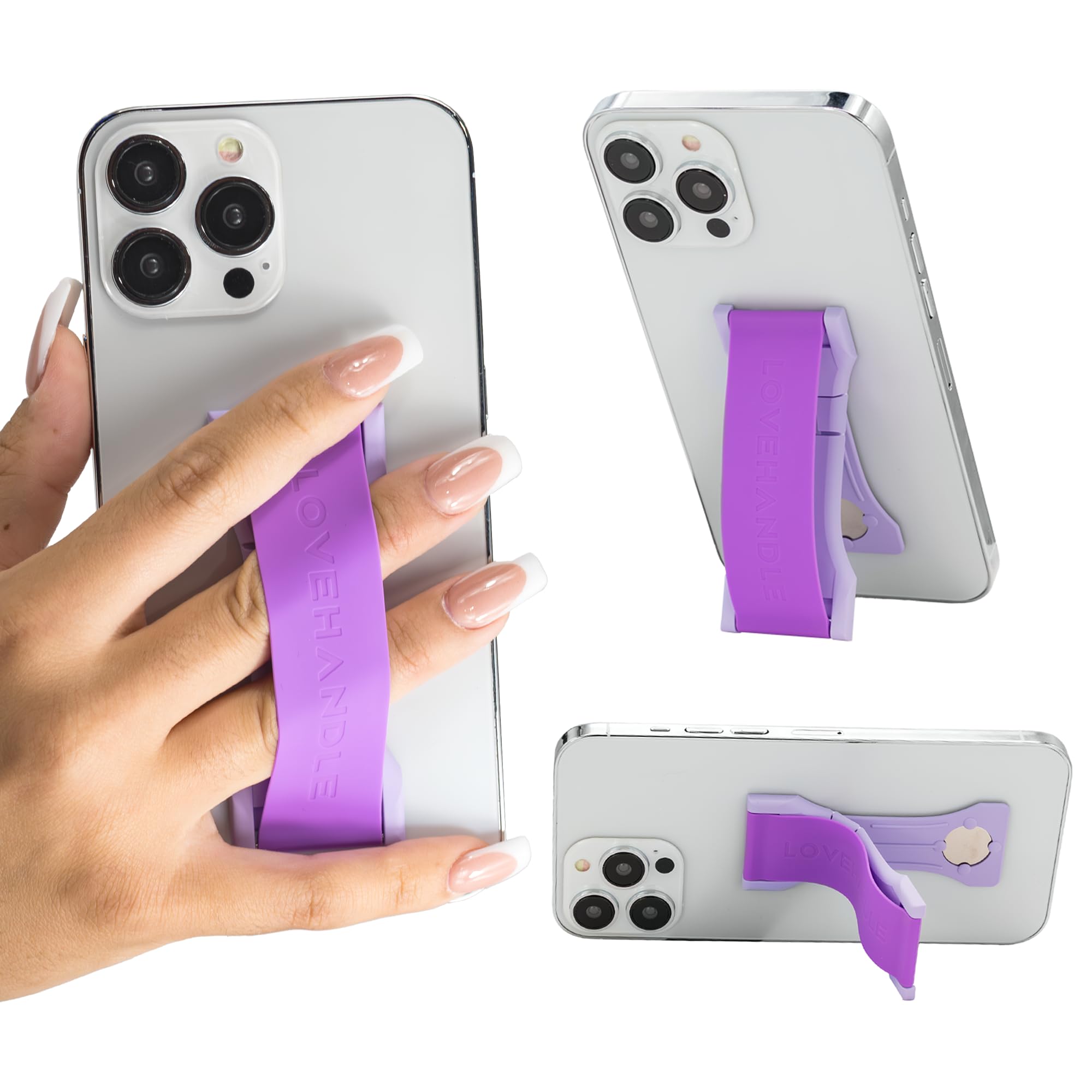 LOVEHANDLEPRO Premium Phone Grip - Silicone Phone Strap - Magnetic Phone Mount and Kickstand for Smartphone and Tablet - Electric Purple Silicone on Lavender Base