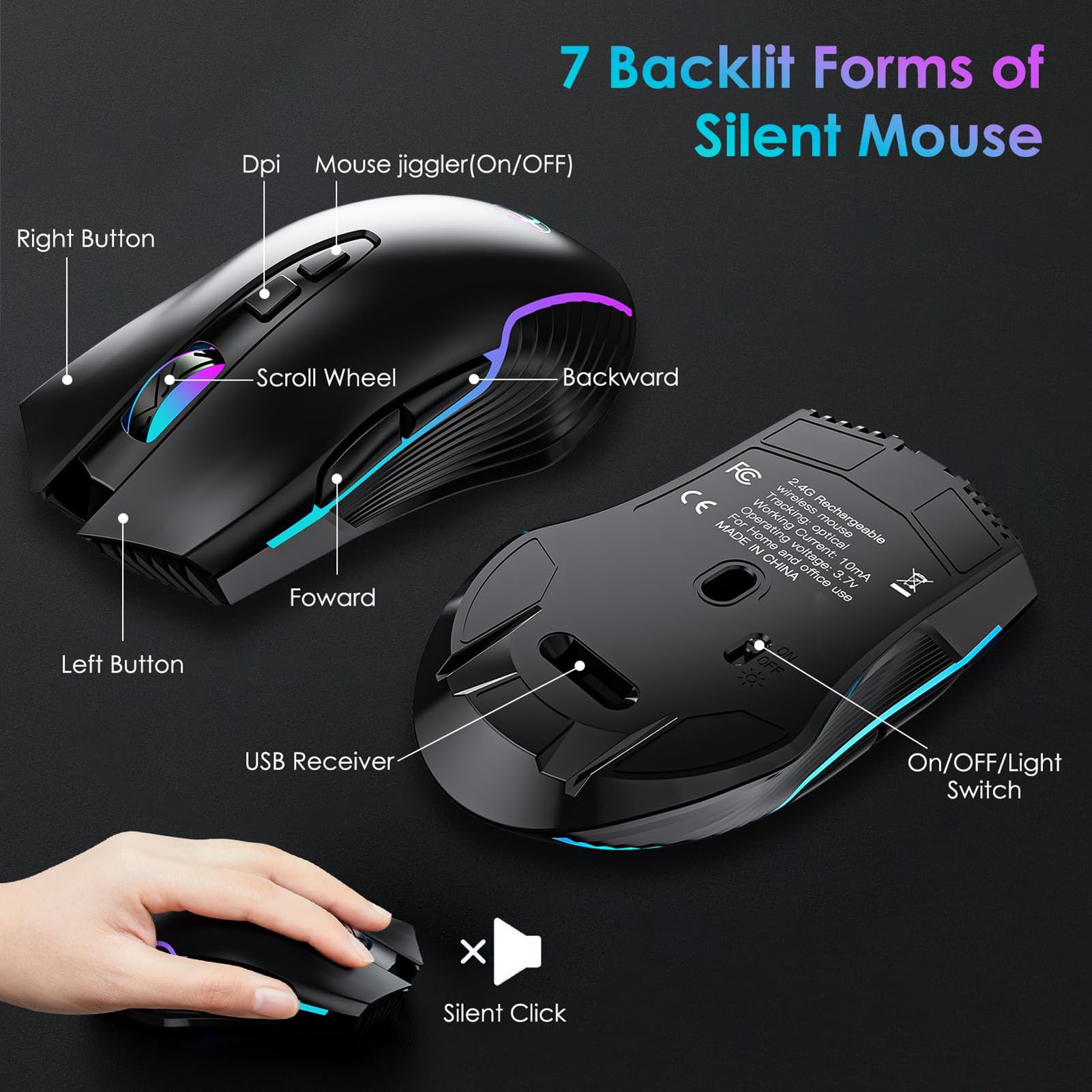 Ensemble Clavier et Souris sans Fil 2,4 G, rétroéclairé 7 Couleurs