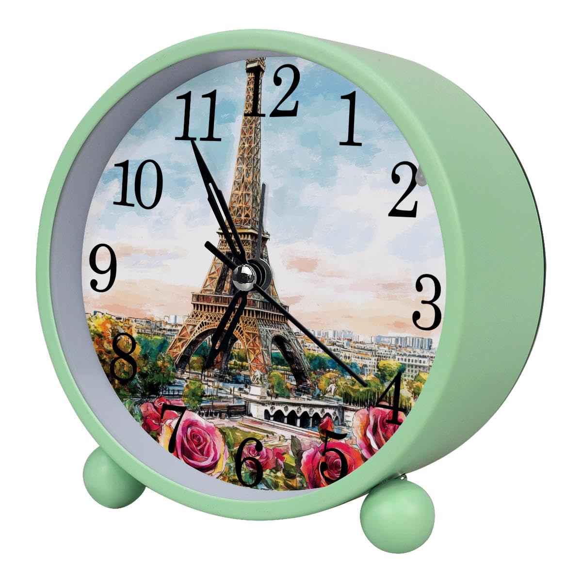 Luoweisi Alarm Clock Paris Eiffel Tower Roses, Silent Non-Ticking with Night Light, Round Metal Alarm Clock for Office, Battery Operated, Bedroom, Elderly, Adults, Children, Student Gifts