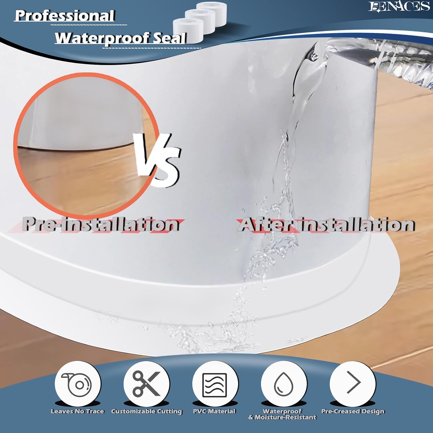 3 Pack White Waterproof Caulk Tape，BENACES Caulk Tape Waterproof Self Adhesive，118”×1.5” Bathroom Caulking Tape, PVC Caulking Strip Suitable for Toilets, Kitchens, Bathrooms, Sinks, Showers