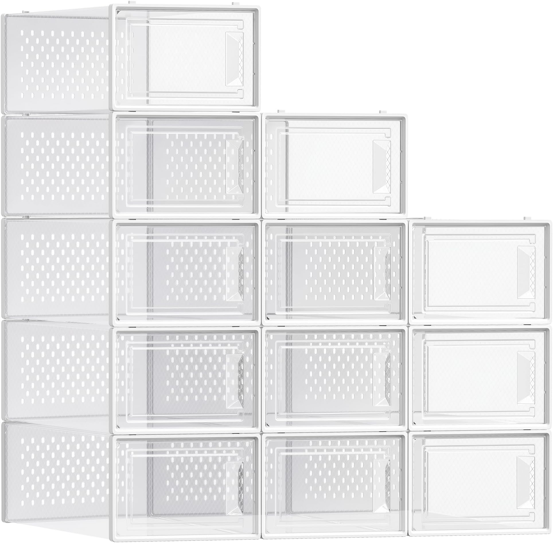 Shoe Boxes, Pack of 12 Stackable Shoe Storage Organizers, Foldable and Versatile for Sneakers, Fit up to US Size 8.5, Transparent and White ULSP12SWT