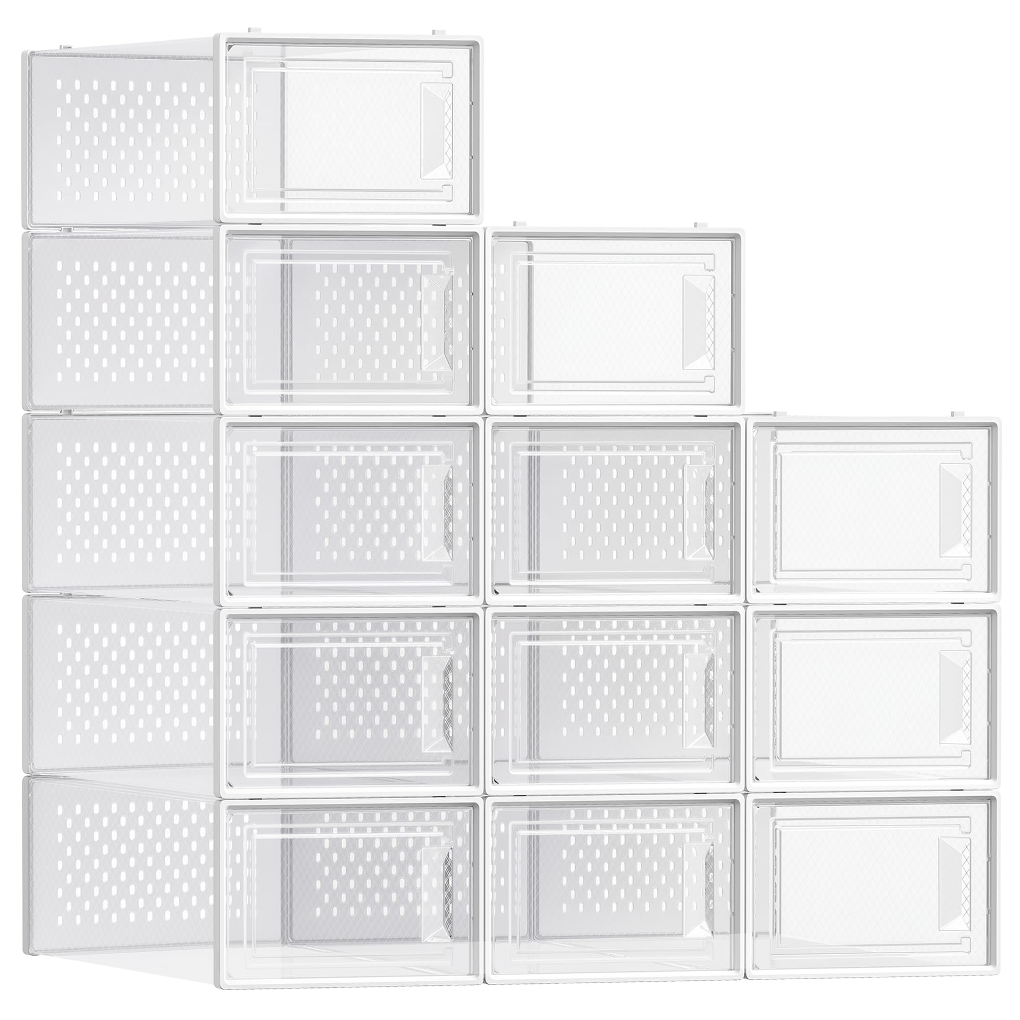 SONGMICS Boîtes à Chaussures, Rangement Chaussures en Plastique, Pliables et Empilables, pour Pointure Jusqu'à 43, Lot de 12, Transparent et Blanc Nuage LSP066W12