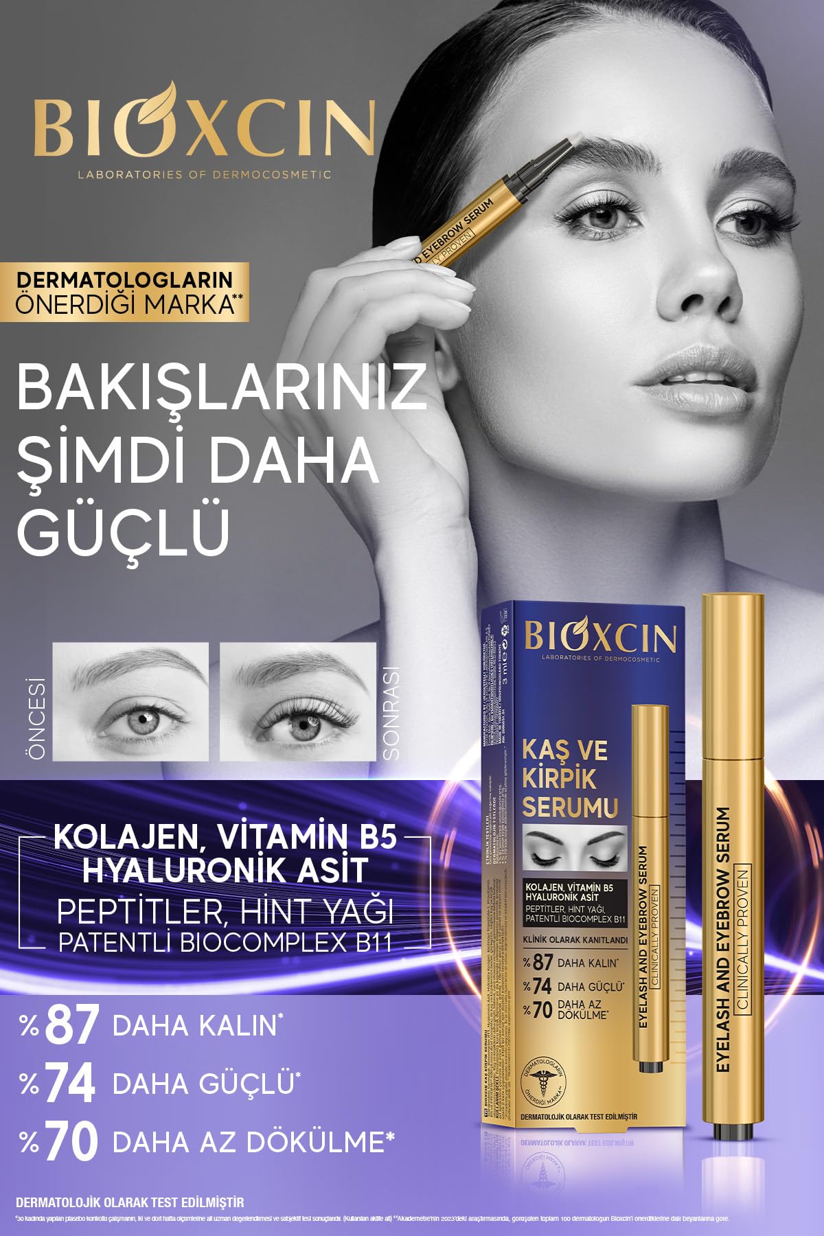 Bioxcin Kaş ve Kirpik Serumu, Kolajen, Hyaluronik Asit, Hint Yağı, Keratin Peptidleri, 6 Adet