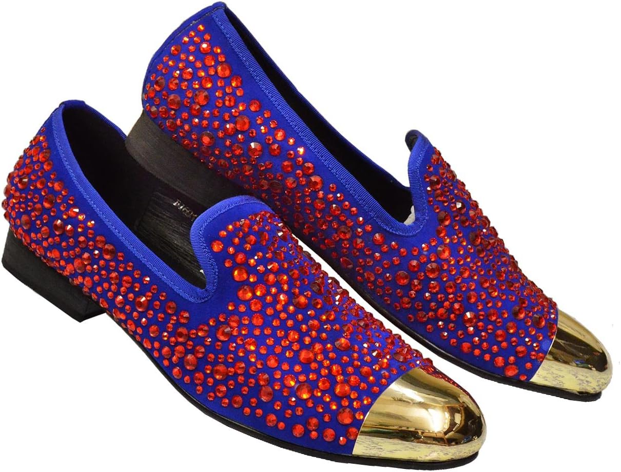 Fiesso Men's Crystal Royal Blue Red Genuine Leather Rhinestones Italian Design Gold Metal Hardware Loafer Shoes FI6918, USA size 8
