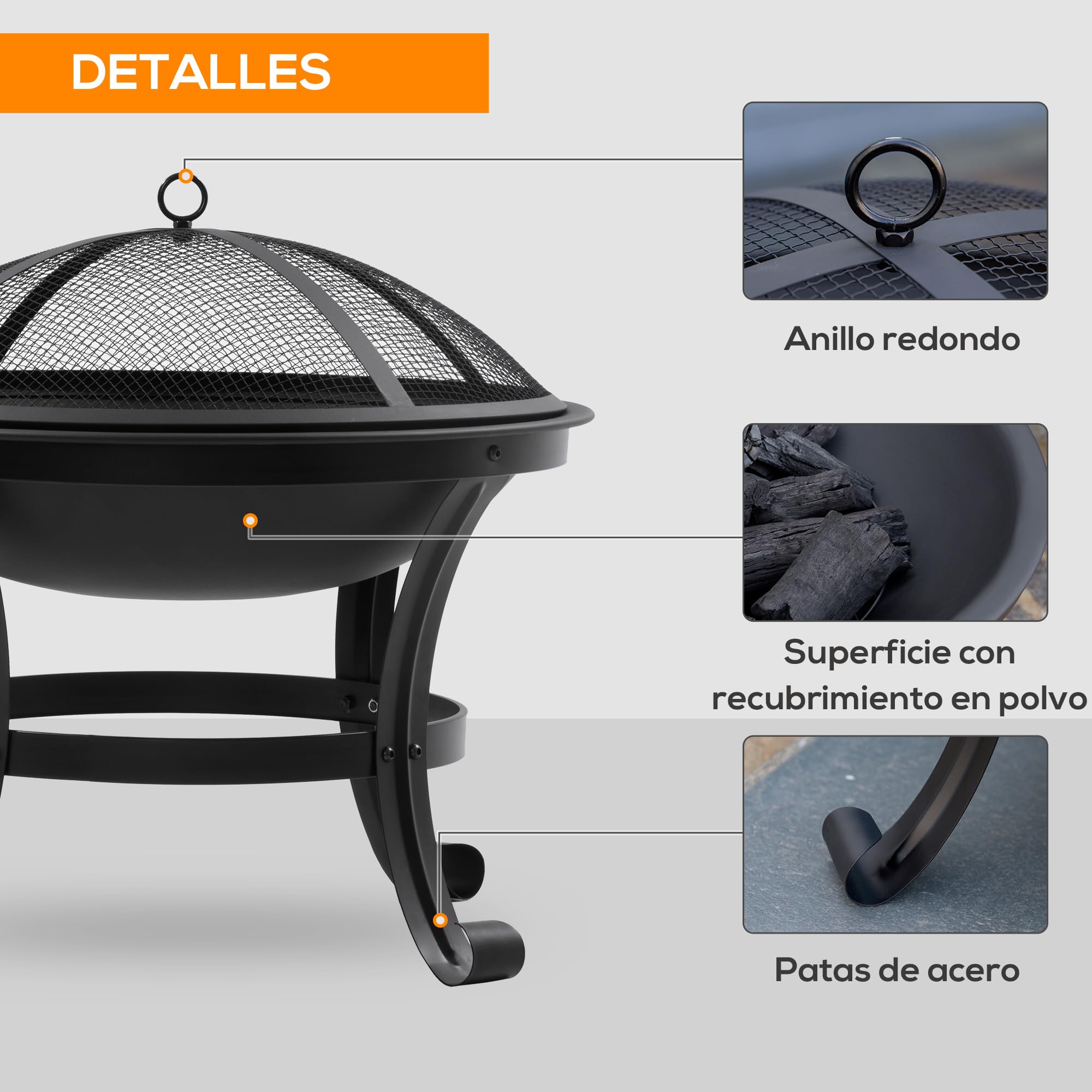 Outsunny Brasero Exterior para Jardín Pozo de Fuego de Acero con Protector de Chispas y Atizador para Hogueras en Terraza Camping Ø55x50 cm Negro
