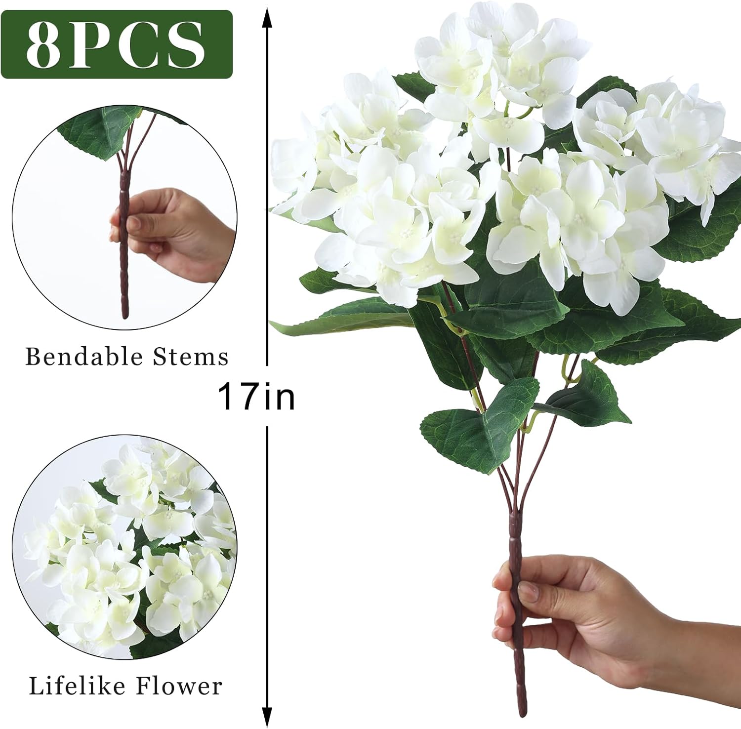 FOTEEWL 8 Bundles Artificial Hydrangea Flowers for Outdoor Decor, Realistic Faux Silk Bouquets Sun-Resistant Fake Plants for Front Door Balcony Farmhouse Garden Home Spring Summer Decor (White)