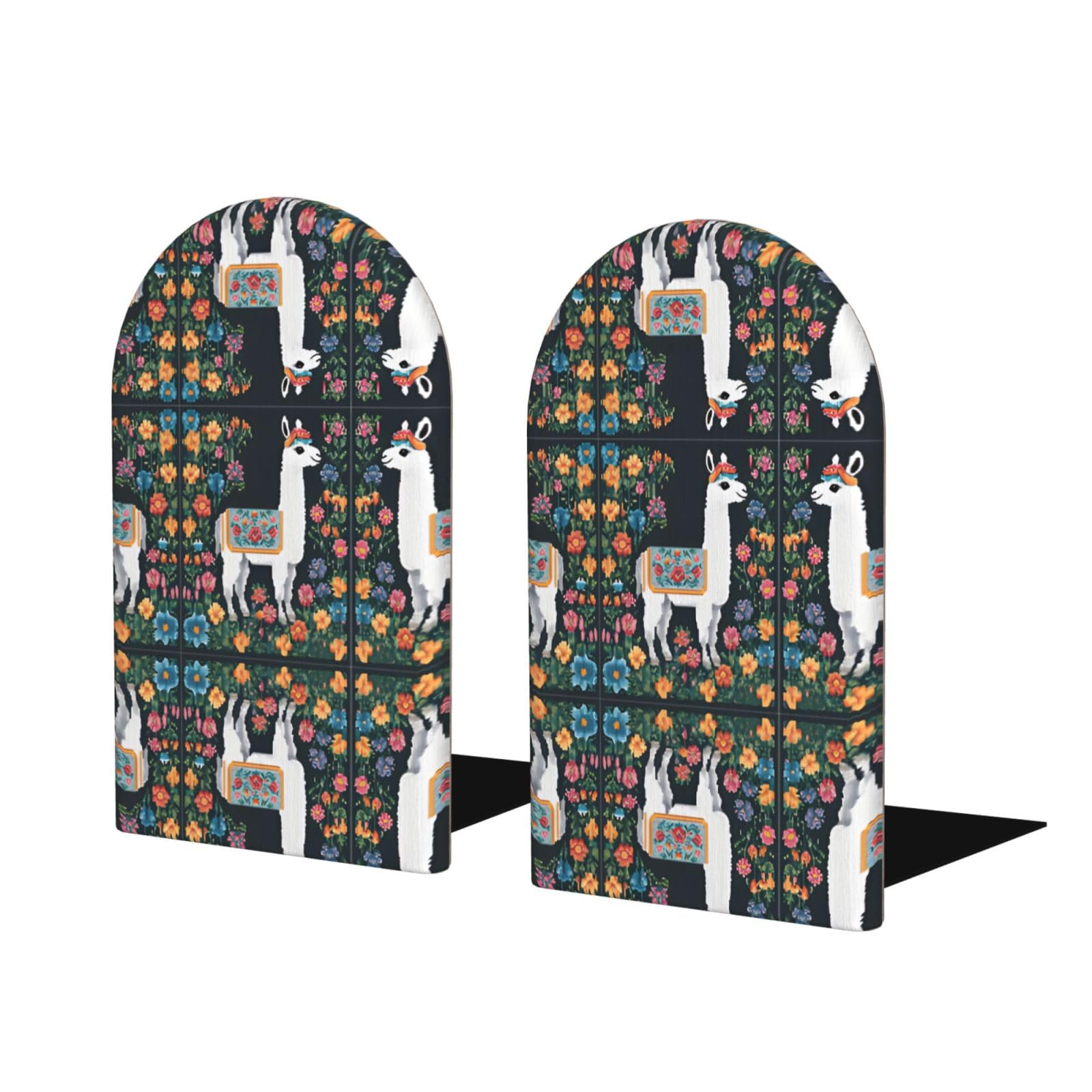Flower Alpaca Stylish Bookends with Full-Print Design Durable Wooden and Metal Bookend Set for Home, Office