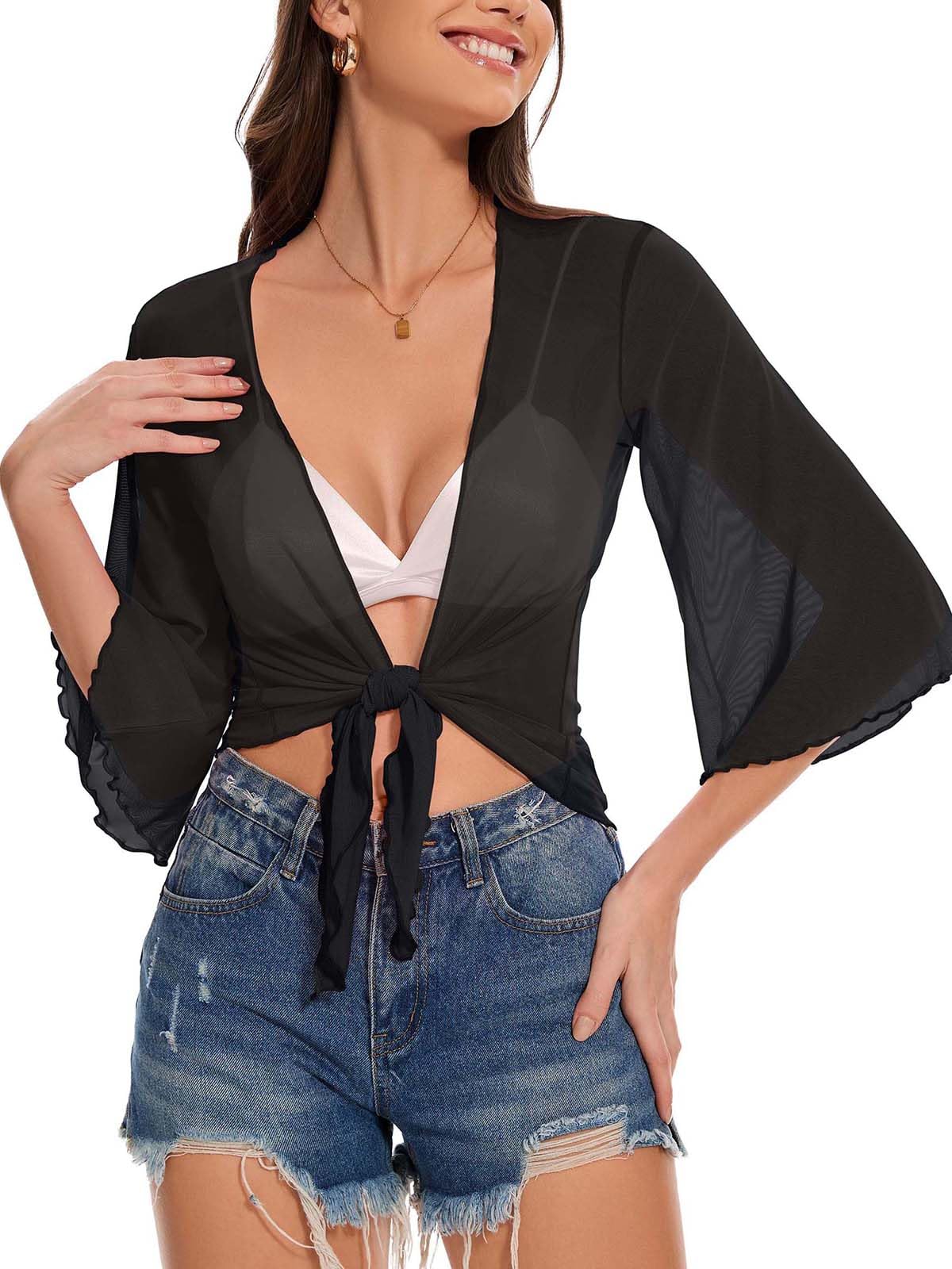 Womens Short Cardigan Bolero Shrug Sheer Tie Front Top 3 4 Sleeve Jacket for Dress