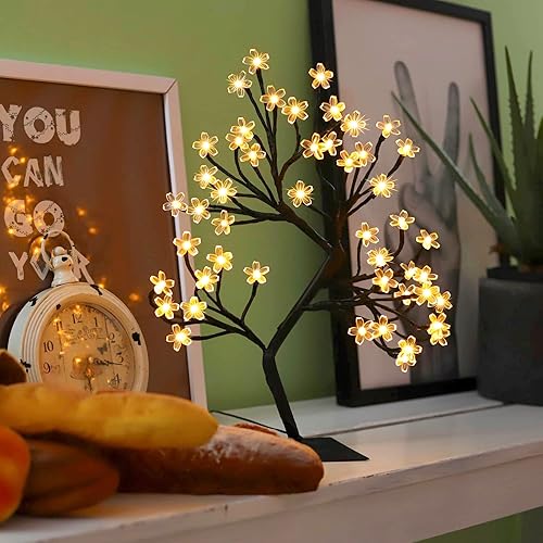 Fuchsun Árbol de bonsái - Luz de árbol artificial con flor de cerezo, ramas ajustables, funciona con pilas, para decoración de habitación y regalo