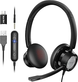 USB Headset with 270° Rotatable Noise Cancelling Mic New Bee Stereo Office Headset Computer Headset with in-line Volume and Mute Control for Skype Zoom Call Center Phone PC MAC PS4(with USB-C Adapter)