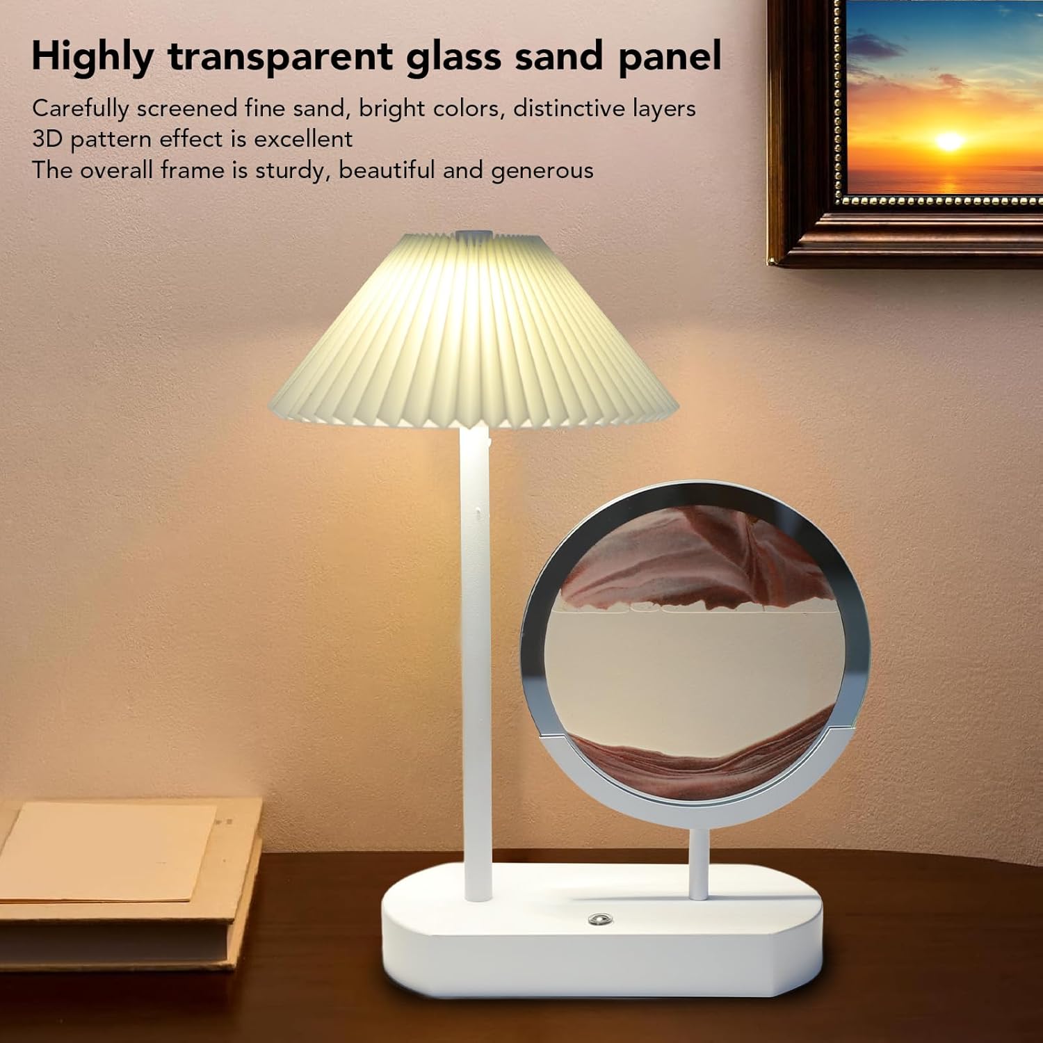 Sorandy Moving Sand Desk Lamp, Dimmable 3 Modes Touch Control Decorative Table Lamp, Rechargeable Night Light for Living Room Office Clear Panel Relaxing Moving Sand