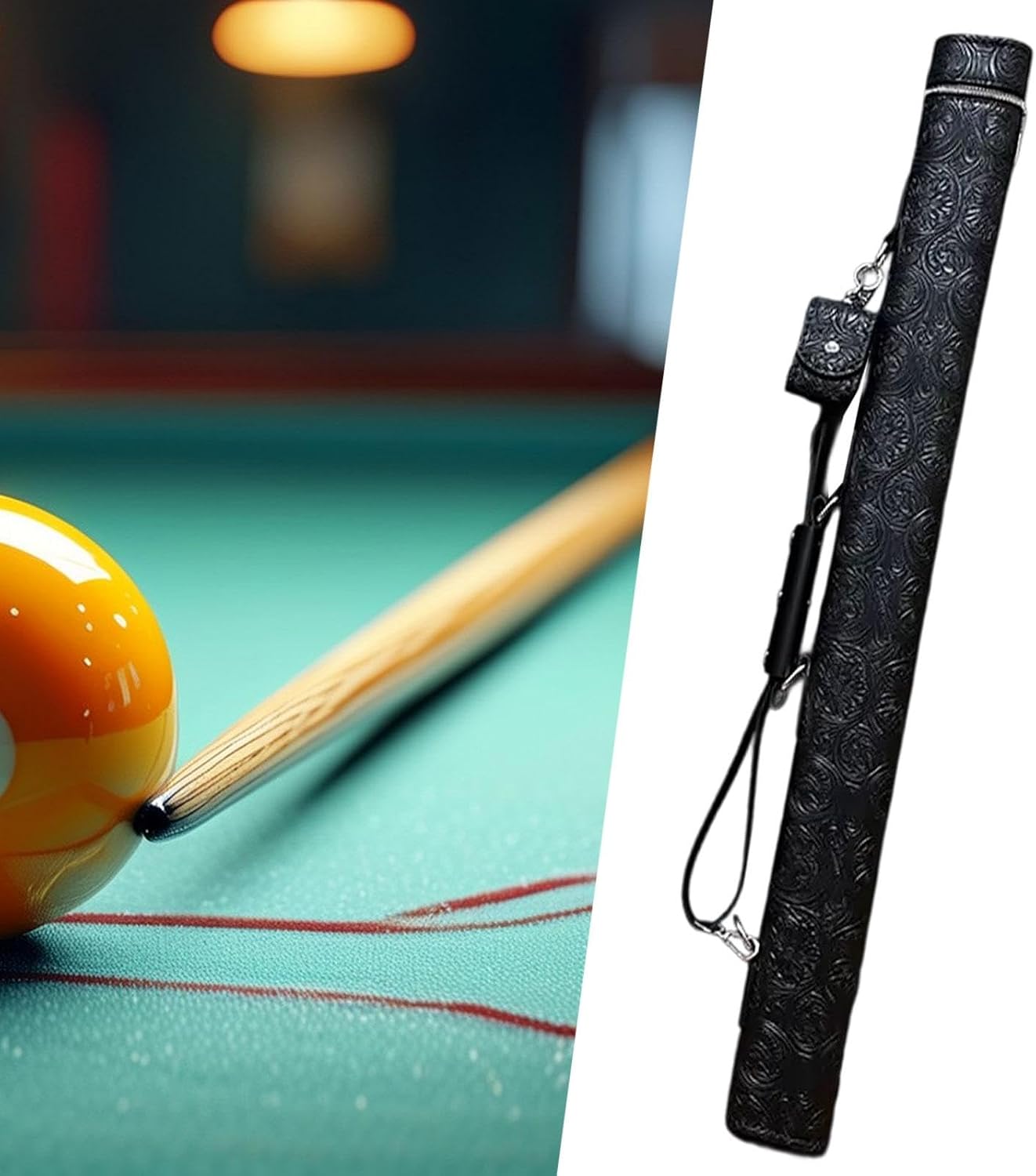 Pool Cue Barrel Billiard Cue Case Portable PU Leather with Zipper Embossed Pattern Lightweight 1/2 Shoulder Bag