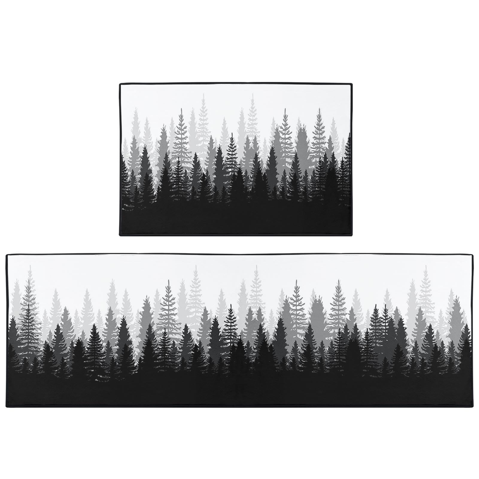 Misty Forest Kitchen Mat Nature Tree Kitchen Rugs Sets of 2, Washable Non-Slip Black Kitchen Floor Mats for in Front of Sink Kitchen Decor for Dining Room, Floor Home, Laundry