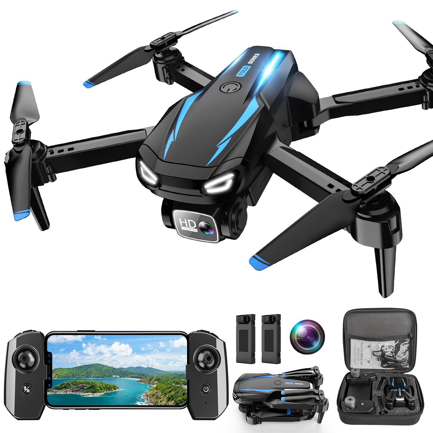 Drone with Camera, 1080P HD FPV Foldable Drone for Kids Adults beginners, Remote Control Quadcopter with Stable Hover, Gestures Selfie, Waypoint Fly, 3D Flips, One Key Start, 2...