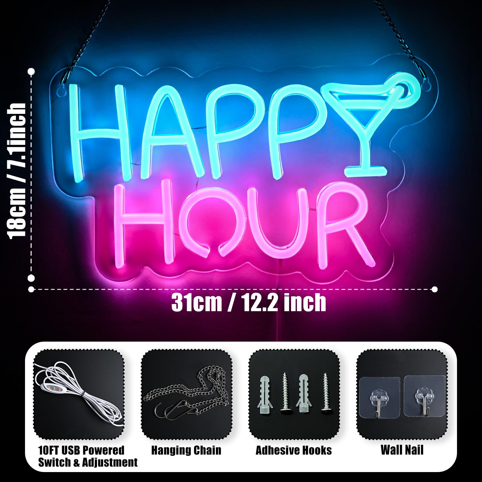 Happy Hour Neon Sign, Art Letter Shape Led Neon Light for Wall