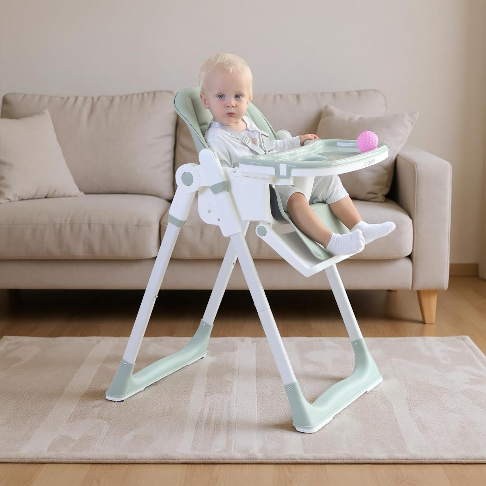 3-in-1 foldable high chair for babies & toddlers - adjustable height, reclining seat, 5-point safety harness, removable tray, lockable wheels, washable cushion - portable & easy clean, green