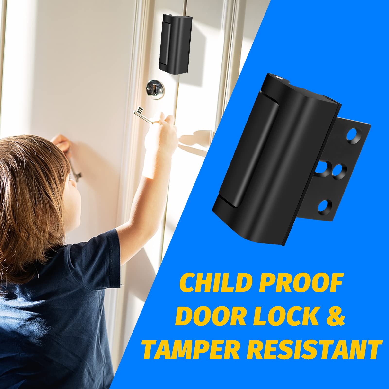 Cerradura de puerta de seguridad para el hogar, cerradura de refuerzo de puerta a prueba de niños con 8 tornillos, tope de 3 pulgadas, soporta 800 libras para puerta oscilante hacia adentro,