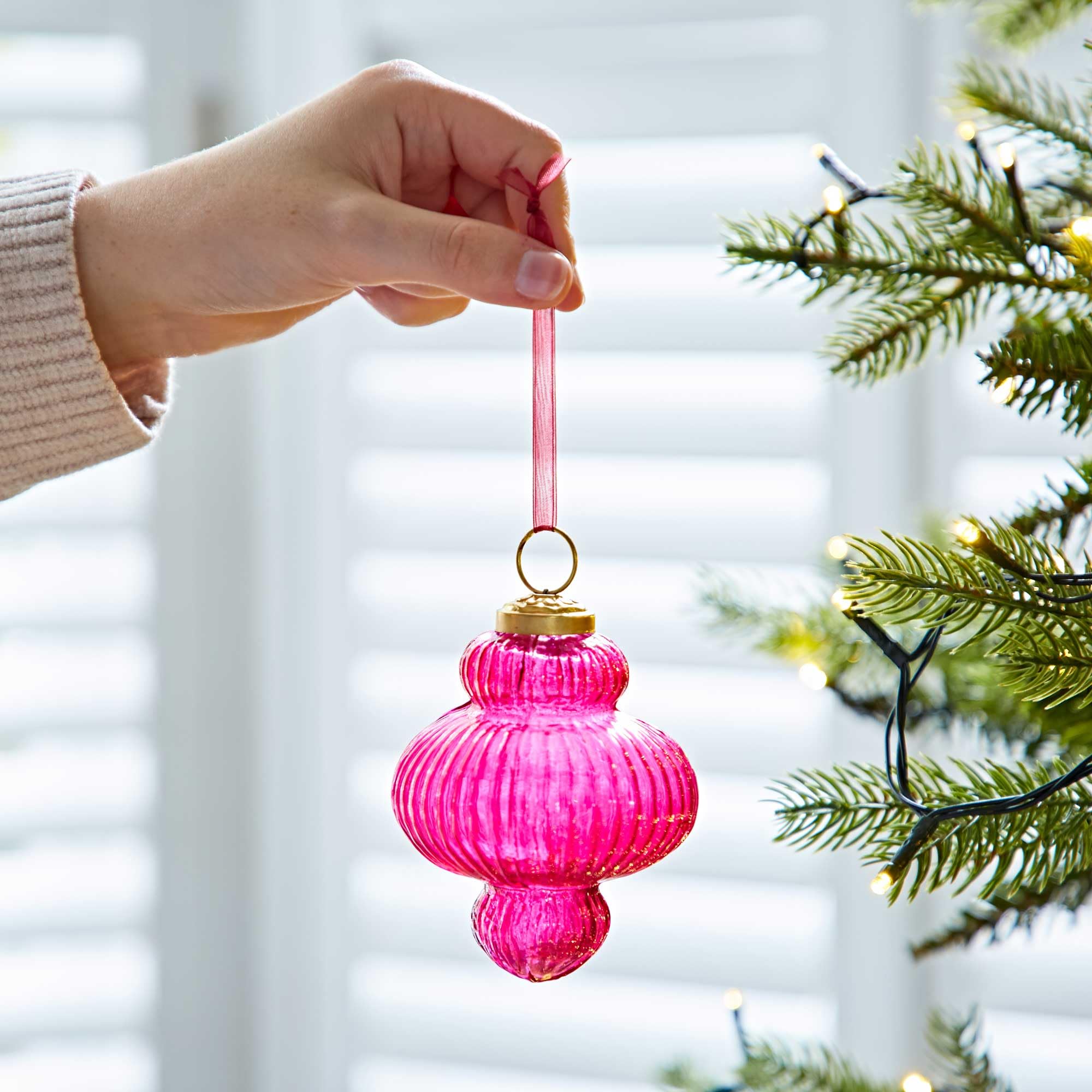 Paper High Cerise Coloured Recycled Glass Lantern Baubles - Fair Trade Holiday Décor - Handmade Xmas Hanging Glass Ornaments - Christmas Tree Decoration (Cerise)