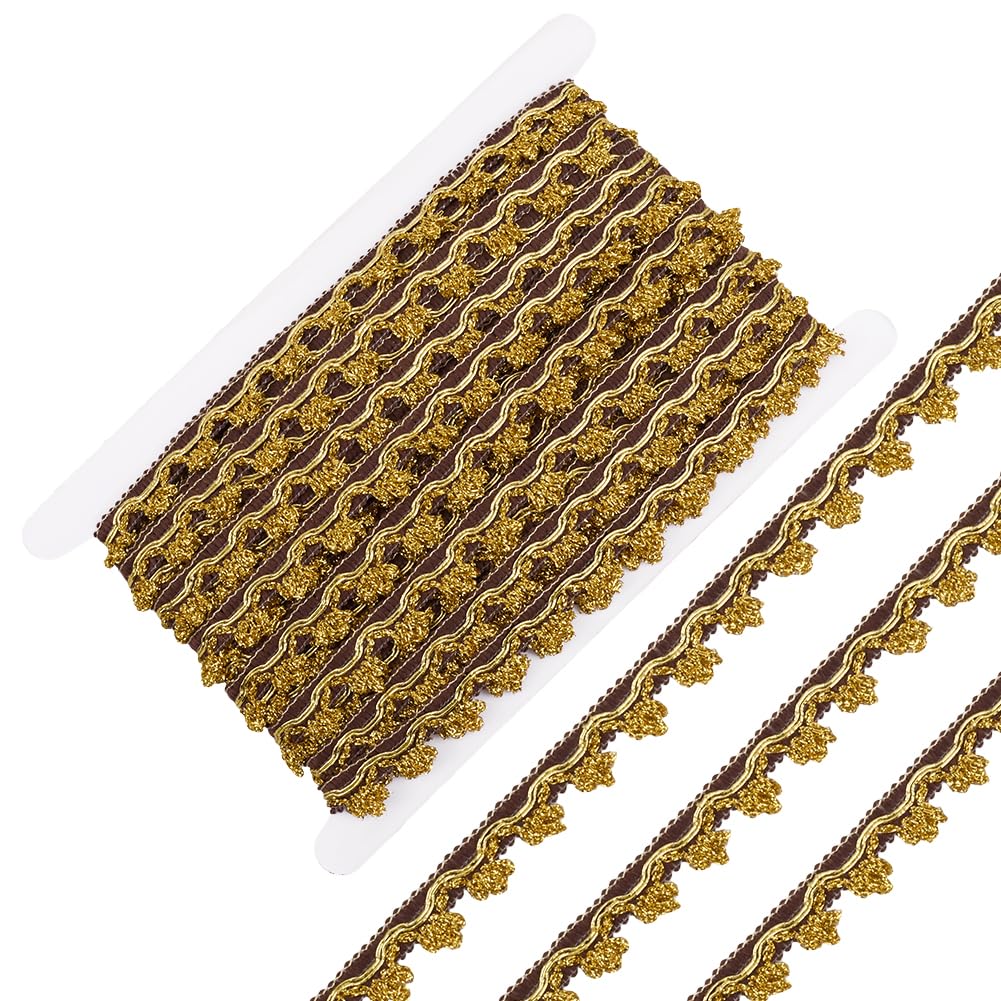 GORGECRAFT 24 Yards Metallic Lace Ribbon Filigree Edging Decorative Trim Gold Brown Glitter Flower Wavy Edge Applique Woven Trim Floral Embroidered Fabric Ribbon for Sewing Wedding Curtain Lampshade