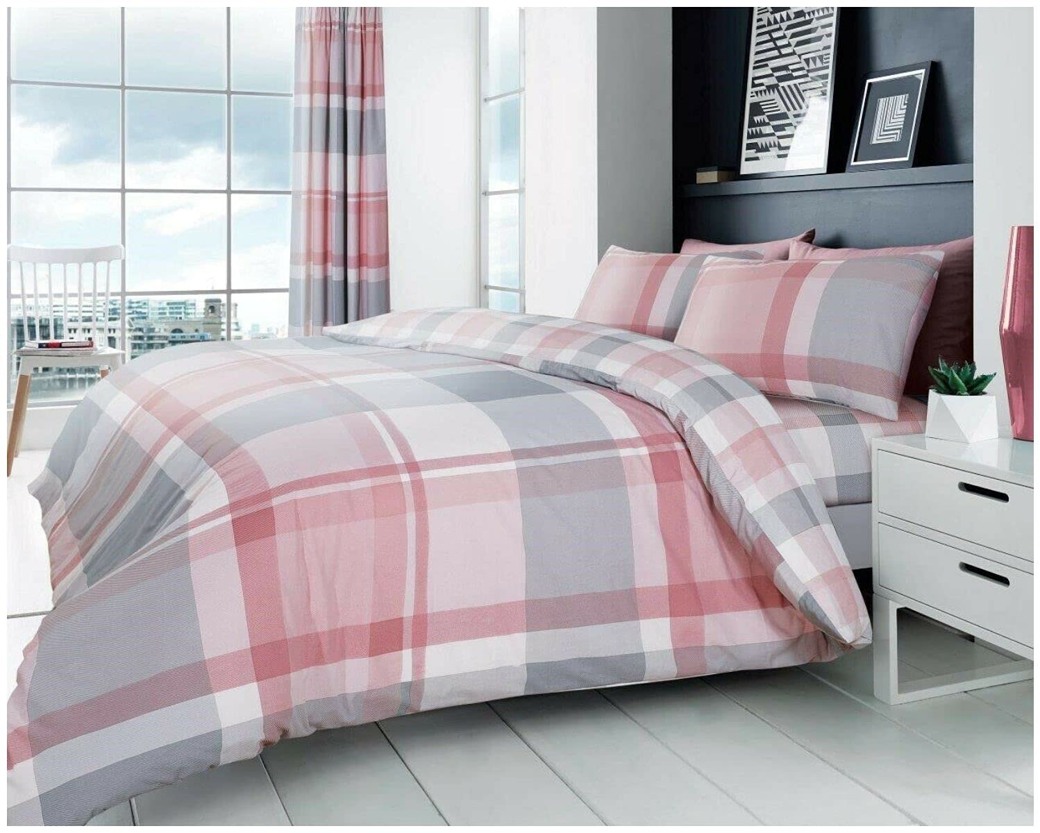Gc Gaveno Cavailia Waverly-Blush Pink Luxury Checkered Duvet Cover Super King Size, Polycotton Striped Bedding Reversible Checked Quilt Bed Set, Blush Pink