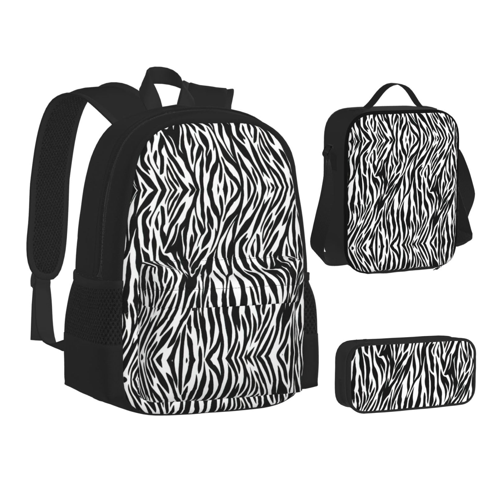 Juego de 3 mochilas escolares con estampado de cebra, mochila para laptop resistente al agua de gran capacidad con bolsa de almuerzo aislada y estuche para lápices para adolescentes de
