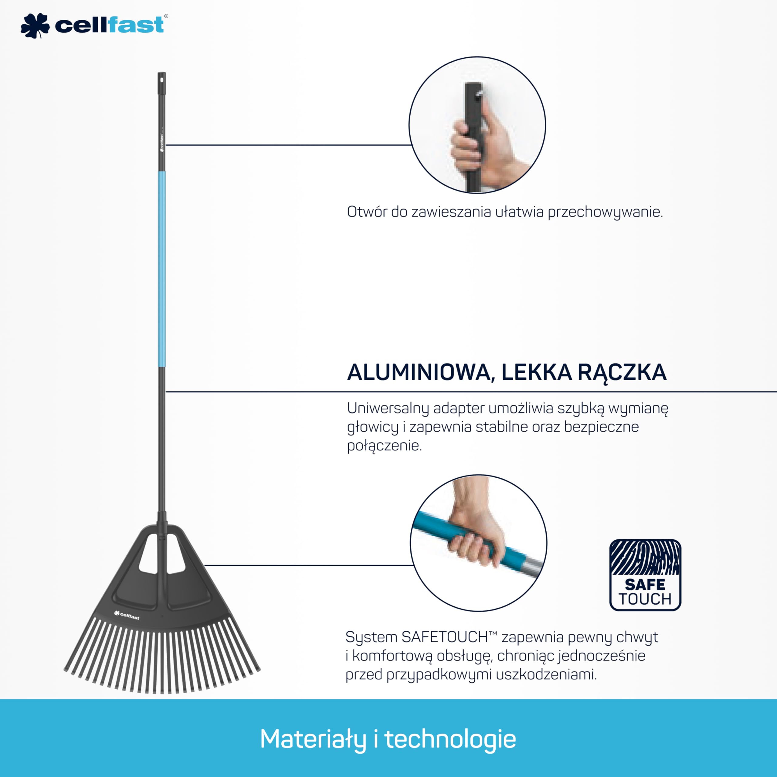 Cellfast Grabie Wachlarzowe do Liści i Trawnika - Wymienna Głowica 650 mm - Długi Trzonek - Antypoślizgowa Powłoka - Cellpro