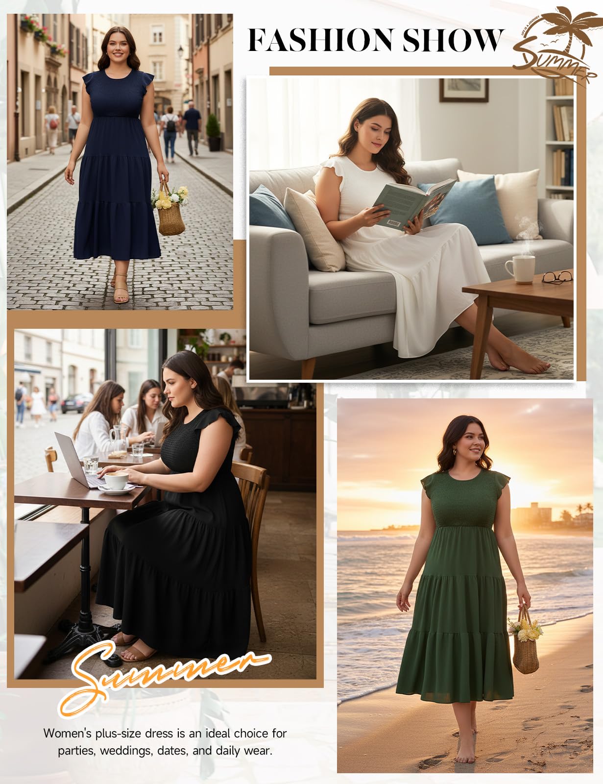 Sommerkleid Damen Große Größen Kleider Sommer Elegant Rundhals Flatterärmel Maxikleider Elastische Taille A Linie Casual Maxi Kleider Strandkleid Lang Freizeitkleid