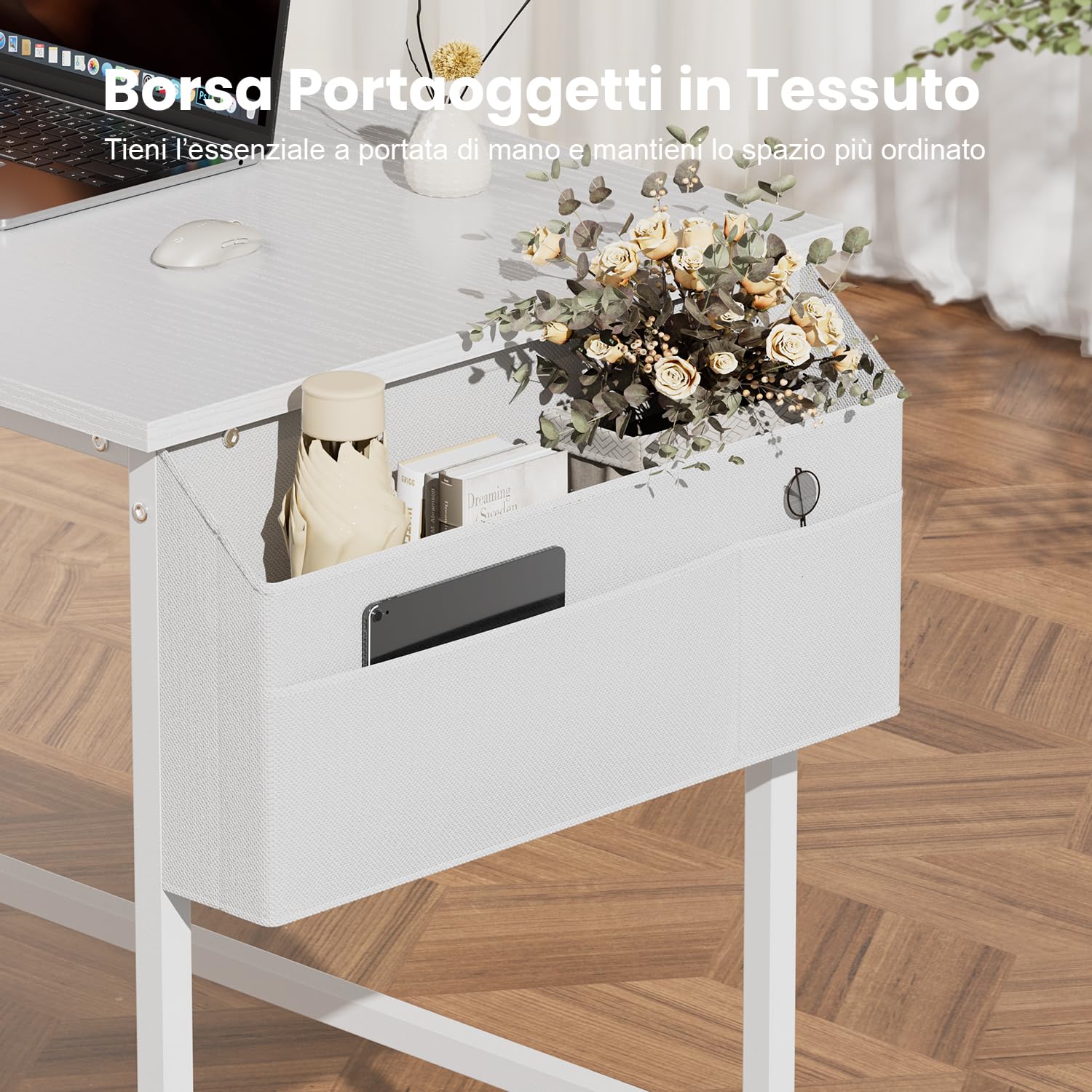 HLFURNIEU Scrivania Piccola, 80 x 50 cm Scrivania Ufficio con Borsa Portaoggetti, Tavolo da Lavoro per Ufficio Domestico, Soggiorno, Piccoli Spazi, Struttura Metallica, Bianco
