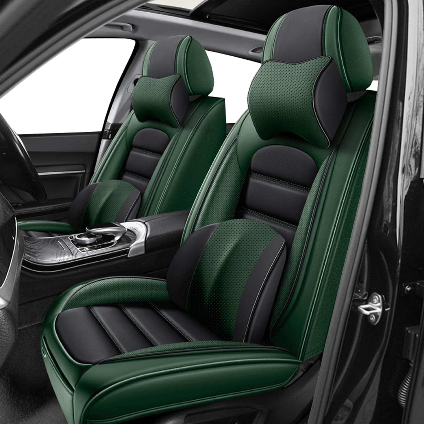 Car Seat Covers for X2,for BMW X2 2018-2025 2026,Waterproof Leather Seat Covers,Compatible Airbag,Front Set Comfort Car Seat Protectors for Most Cars(Pillows,Black&amp;Green)