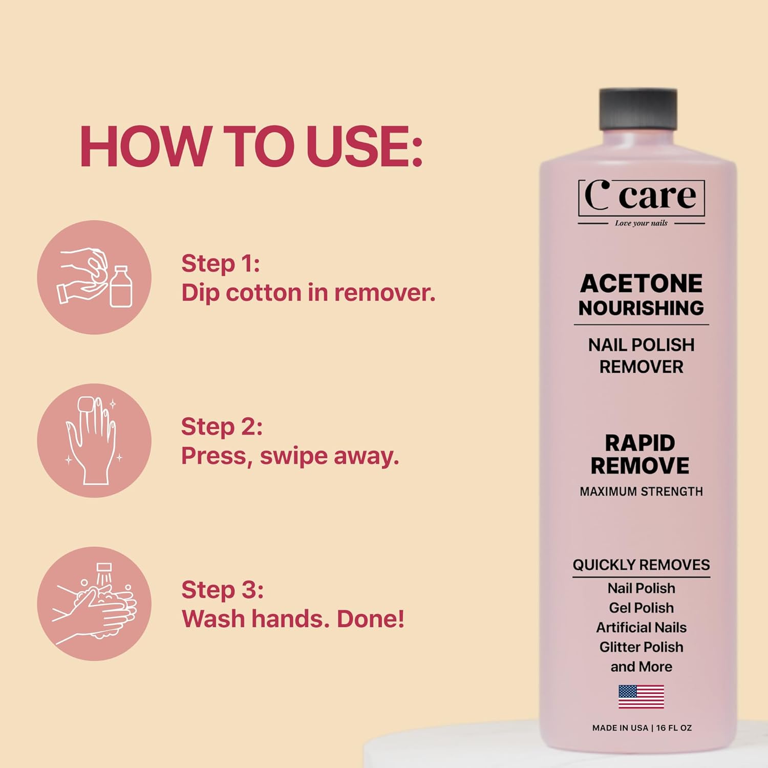 Nourishing Acetone Nail Polish Remover | Professional Quality | Rapidly Removes Natural, Natural, Gel, Acrylic, and Glitter Nails | 16 Fl oz