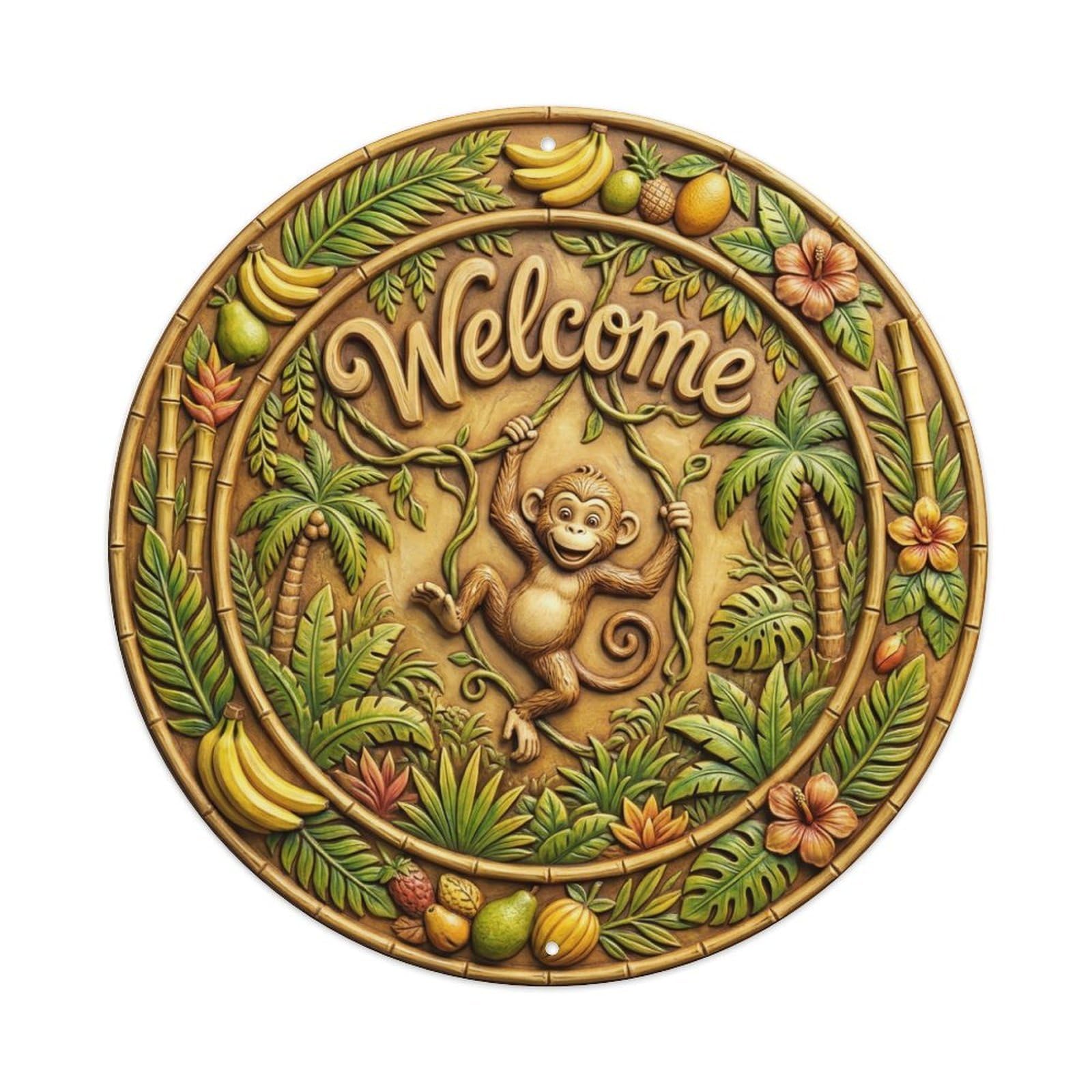Metal Tin Sign Monkey Vine Welcome Playful Jungle
