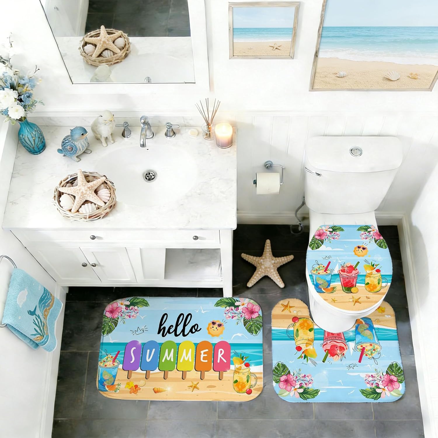 Mocsicka Summer Shower Curtain Set for Bathroom, 4Pcs Colorful Summer Beach Bathroom Sets with Non Slip Rugs, Toilet Lid Cover, Bath Mat, Shower Curtain, Bathroom Decor